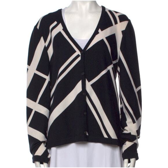 St John Black Cream Geometric Button Up Cardigan Jacket Blazer Size 14 EUC - Picture 1 of 3